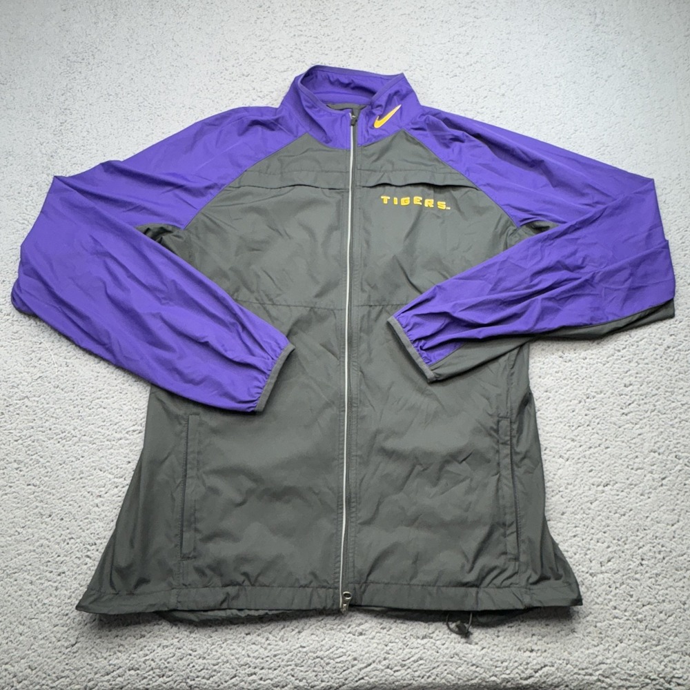 LSU Tigers Jacket Womens Large Gray Purple Nike Windbreaker Full Zip Reflective